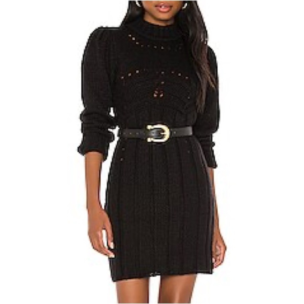 For Love And Lemons Black Ribbed Long Sleeve Sweater Dress
